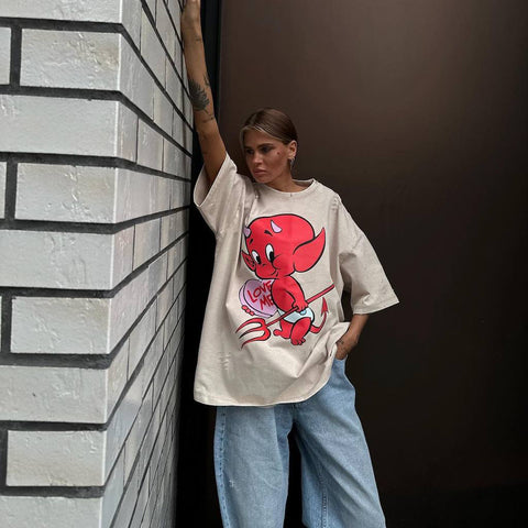 Loose Short-Sleeved Devil Print T-shirt