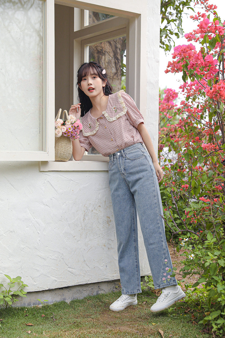 Cottage Flower Plaid Blouse