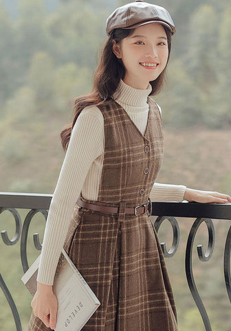 Coffee Plaid Midi Pinafore Dress