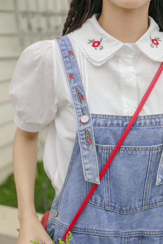 Rosy Days Embroidered Short Overalls
