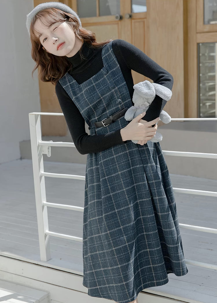 Belted Plaid Pinafore Dress