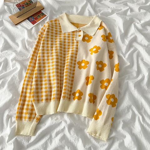 Suéter polo con estampado de margaritas y cuadros vichy