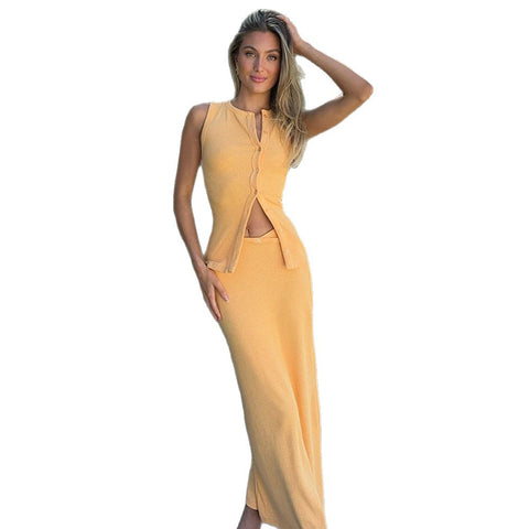 Knitted Solid Color Sleeveless Vest Two Piece Set