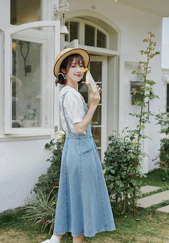 Button Denim Midi Pinafore Dress