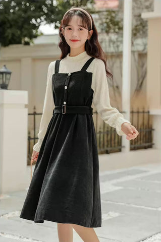 Corduroy Knit Belted Twofer Midi Dress