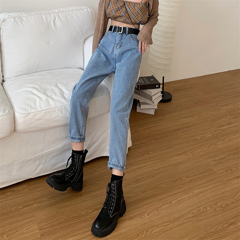 Belted Cropped Mom Jeans