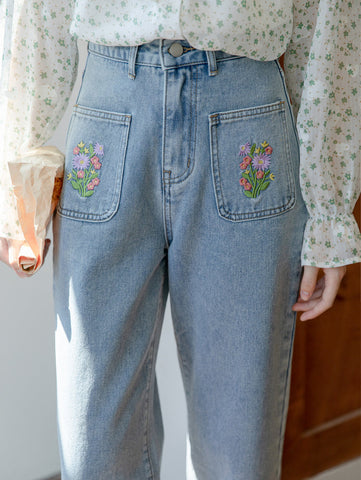 Embroidered Floral Pocket Jeans