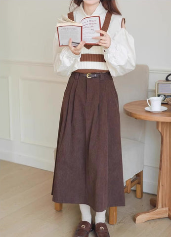 Belted Corduroy Midi Skirt