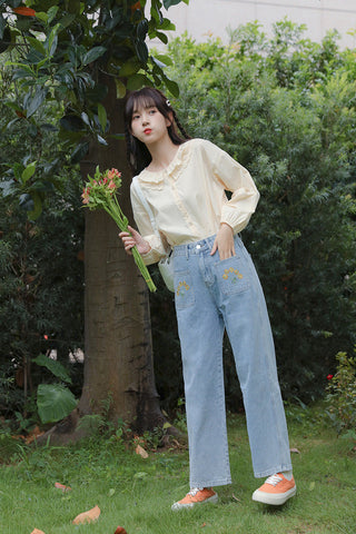 Embroidered Sunflower Pocket Jeans