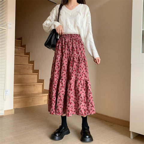 Rose Corduroy Tiered Midi Skirt