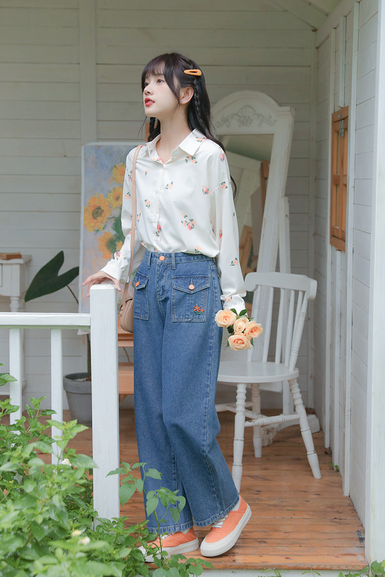 Embroidered Button Pocket Jeans