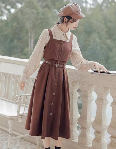 Suede Button Up Cami Pinafore Dress Set