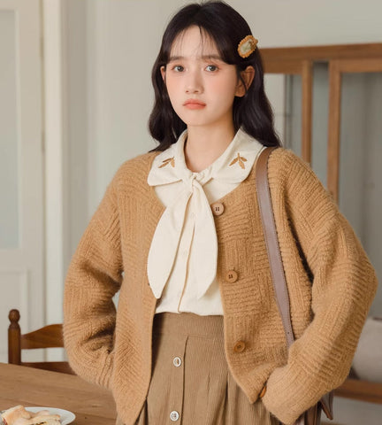 Leafy Corduroy Tie-Neck Blouse