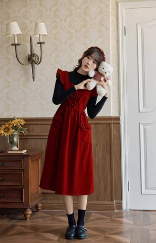 Velvet Frilly Bow Pinafore Dress