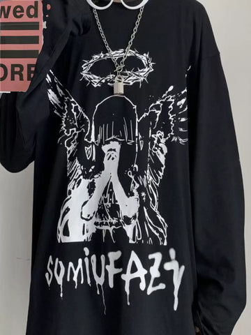 Camiseta gráfica negra de manga larga para hombre