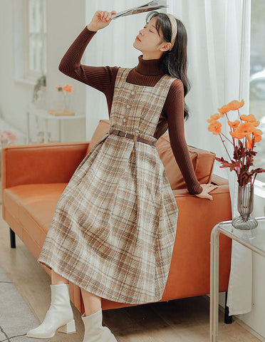 Vestido estilo pichi a cuadros color café con leche