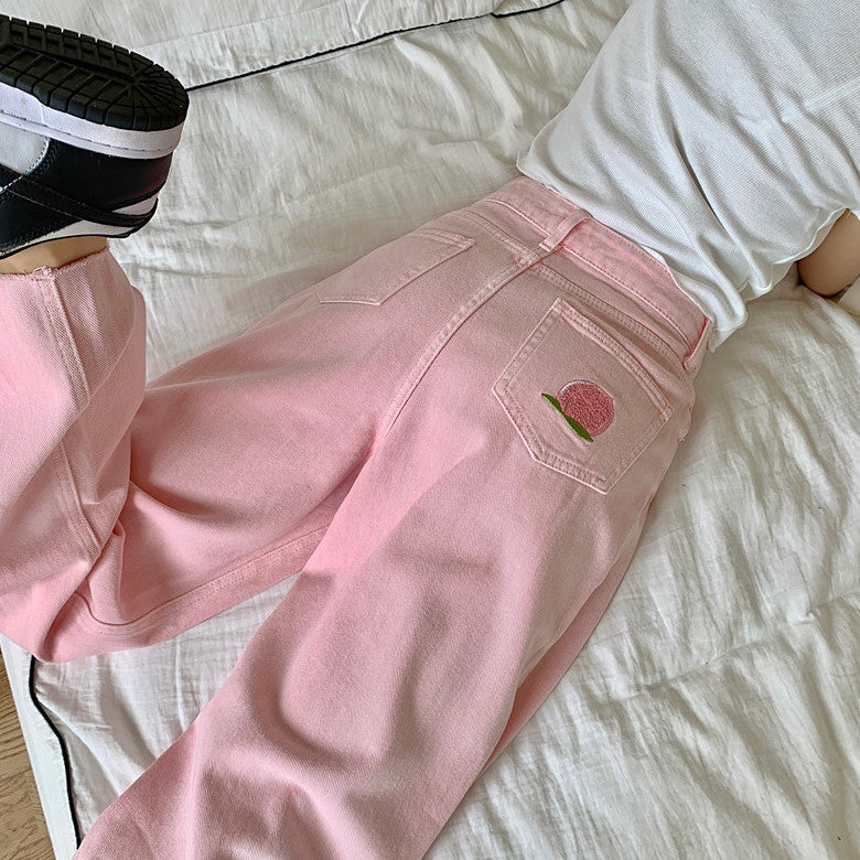 Embroidered Peach Jeans