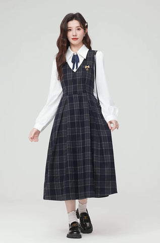 Oxford Plaid Midi Pinafore & Blouse Set