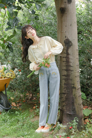 Embroidered Sunflower Pocket Jeans