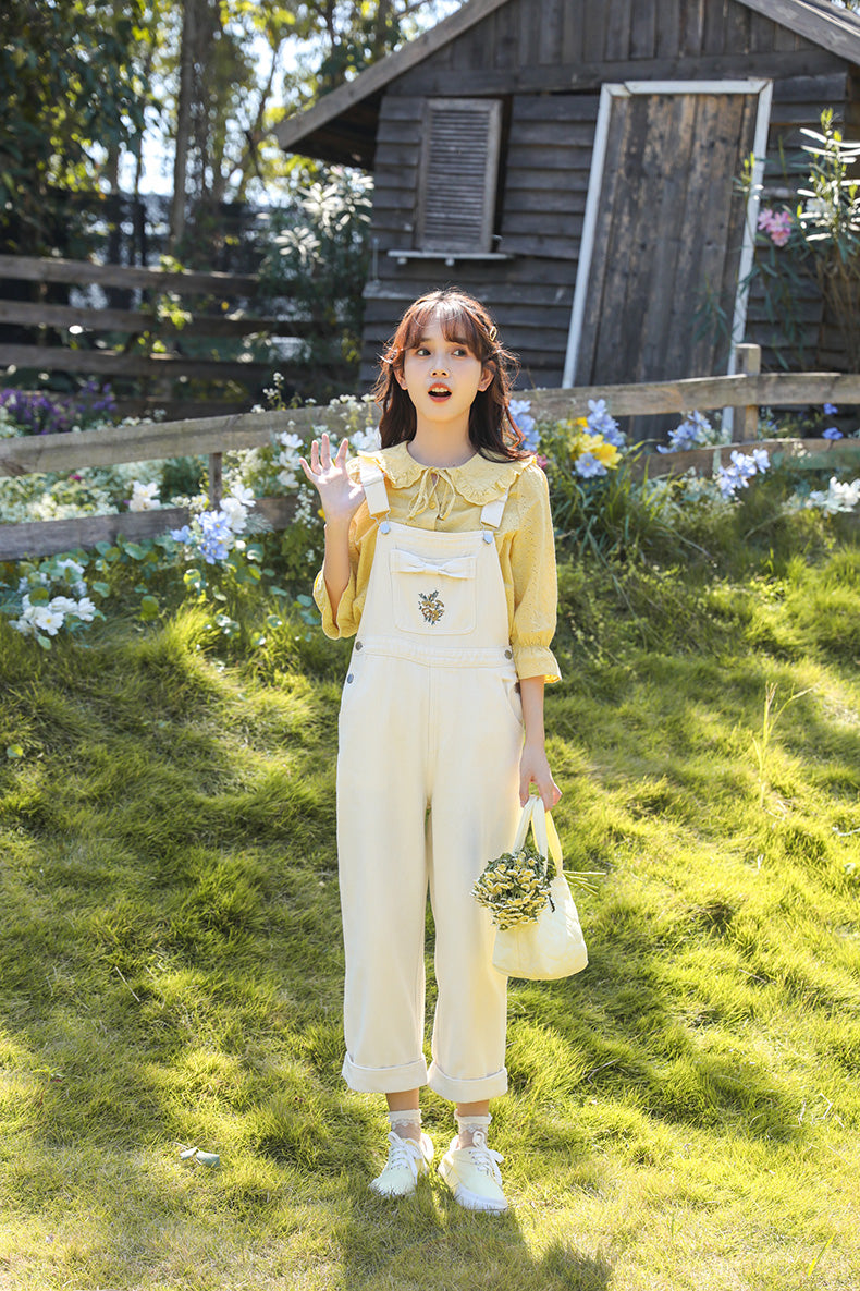 Bow Floral Embroidered Overalls