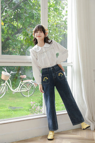 Embroidered Sunflower Pocket Jeans