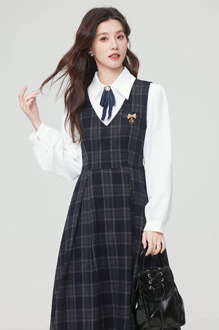 Oxford Plaid Midi Pinafore & Blouse Set
