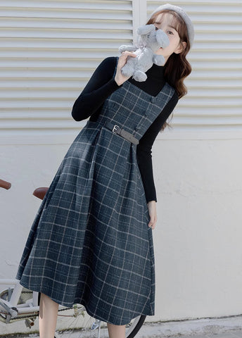 Belted Plaid Pinafore Dress