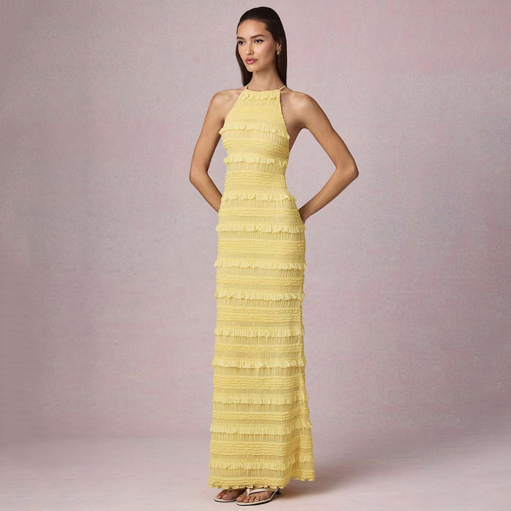 Ruffle Lace Backless Halter Neck Dress