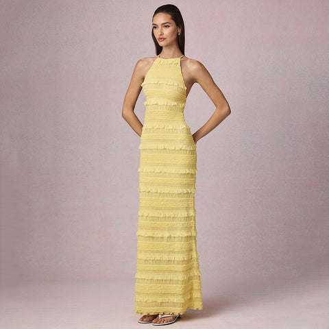 Ruffle Lace Backless Halter Neck Dress