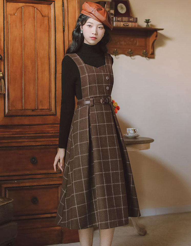 Plaid Pinafore Midi Dress