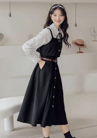 Suede Button Up Cami Pinafore Dress Set