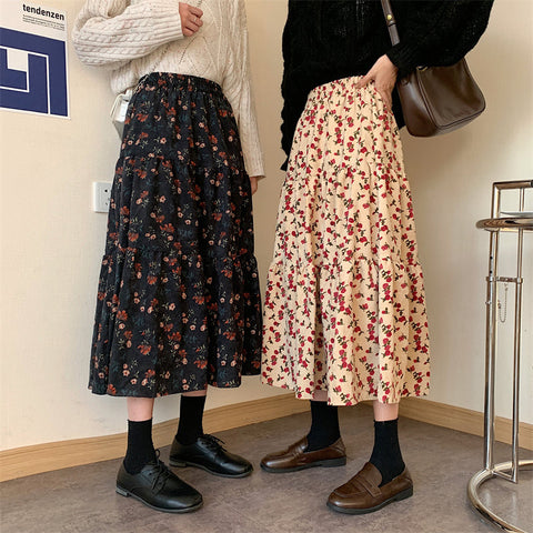 Rose Corduroy Tiered Midi Skirt