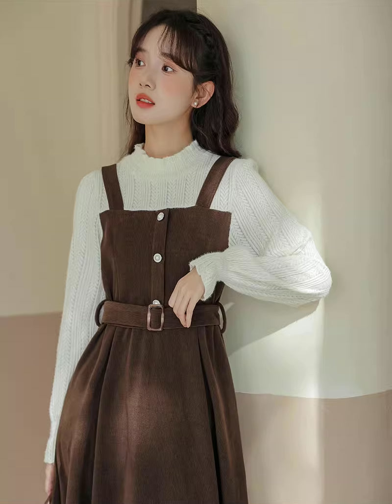 Corduroy Knit Belted Twofer Midi Dress