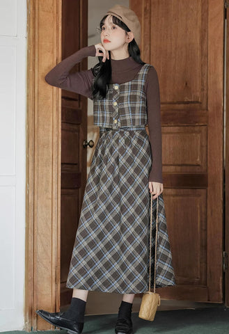 Mint Mocha Kariertes zweiteiliges Midi-Set