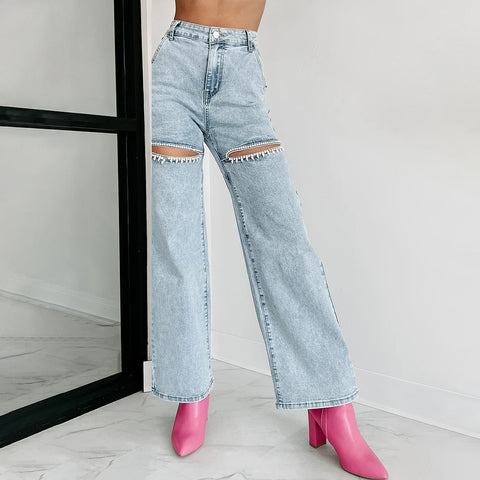 Versatile Studded Ripped Straight-Leg Wide-Leg Jeans