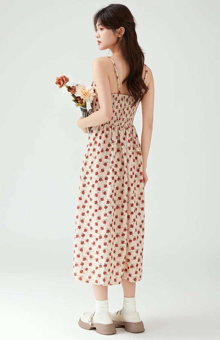 Lace Up Floral Cami Midi Dress