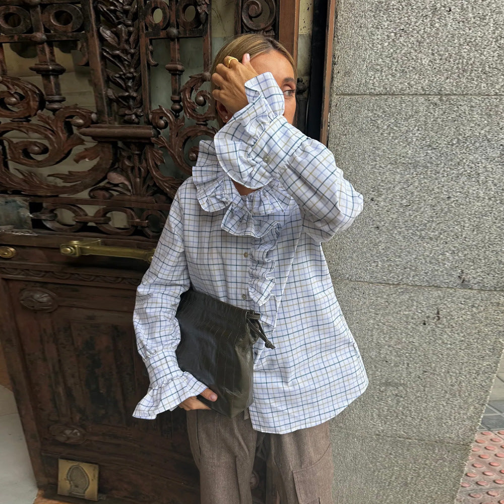 Cotton Plaid Ruffle Lace Long Sleeve Shirt