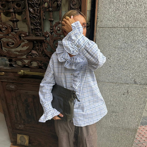 Cotton Plaid Ruffle Lace Long Sleeve Shirt