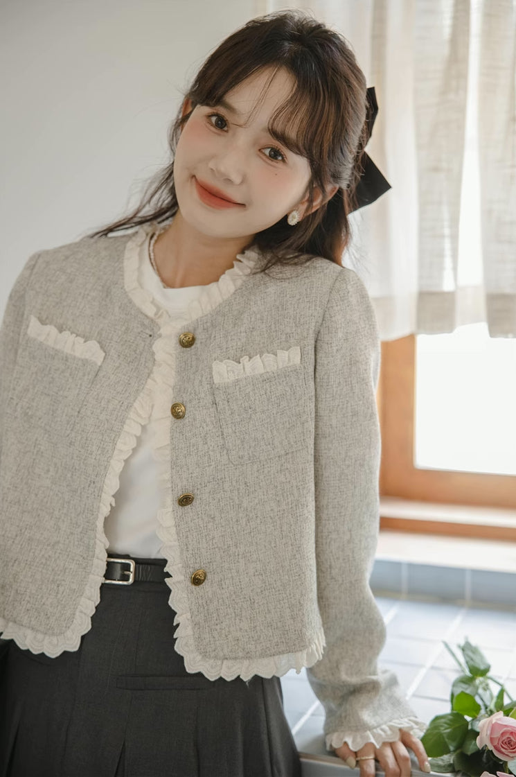 Chaqueta de tweed con ribete de encaje