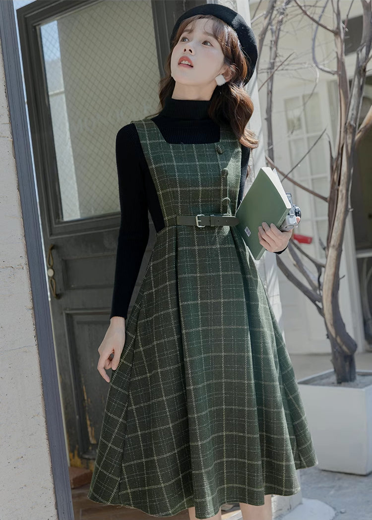 Belted Plaid Pinafore Dress