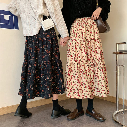 Rose Corduroy Tiered Midi Skirt