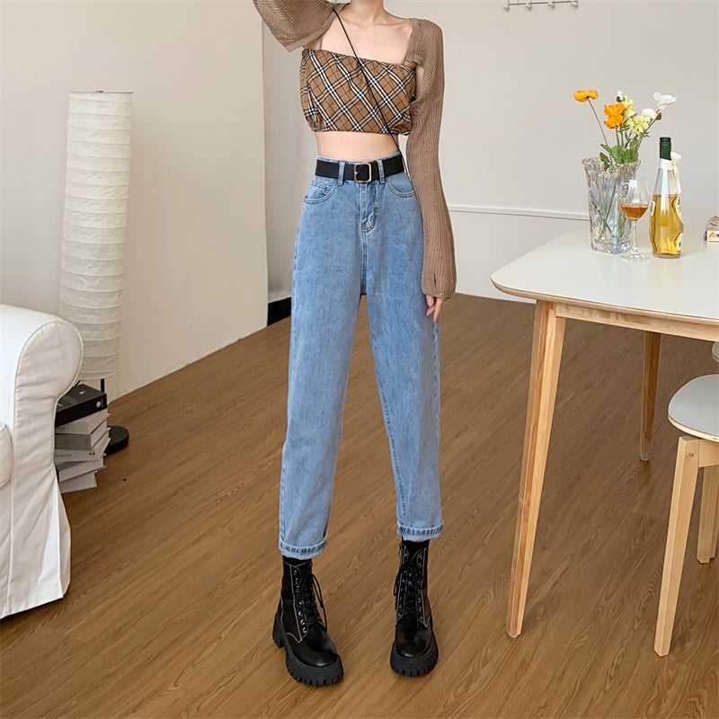 Belted Cropped Mom Jeans