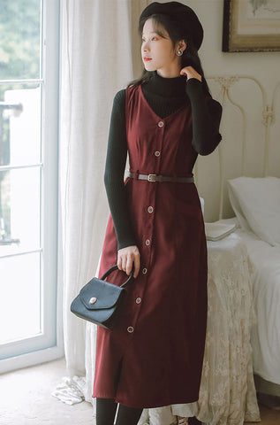 Button Up Suede Pinafore Dress