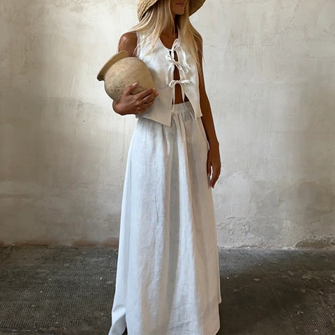 Cotton and Linen Lace-up Sleeveless Vest Skirt Suit