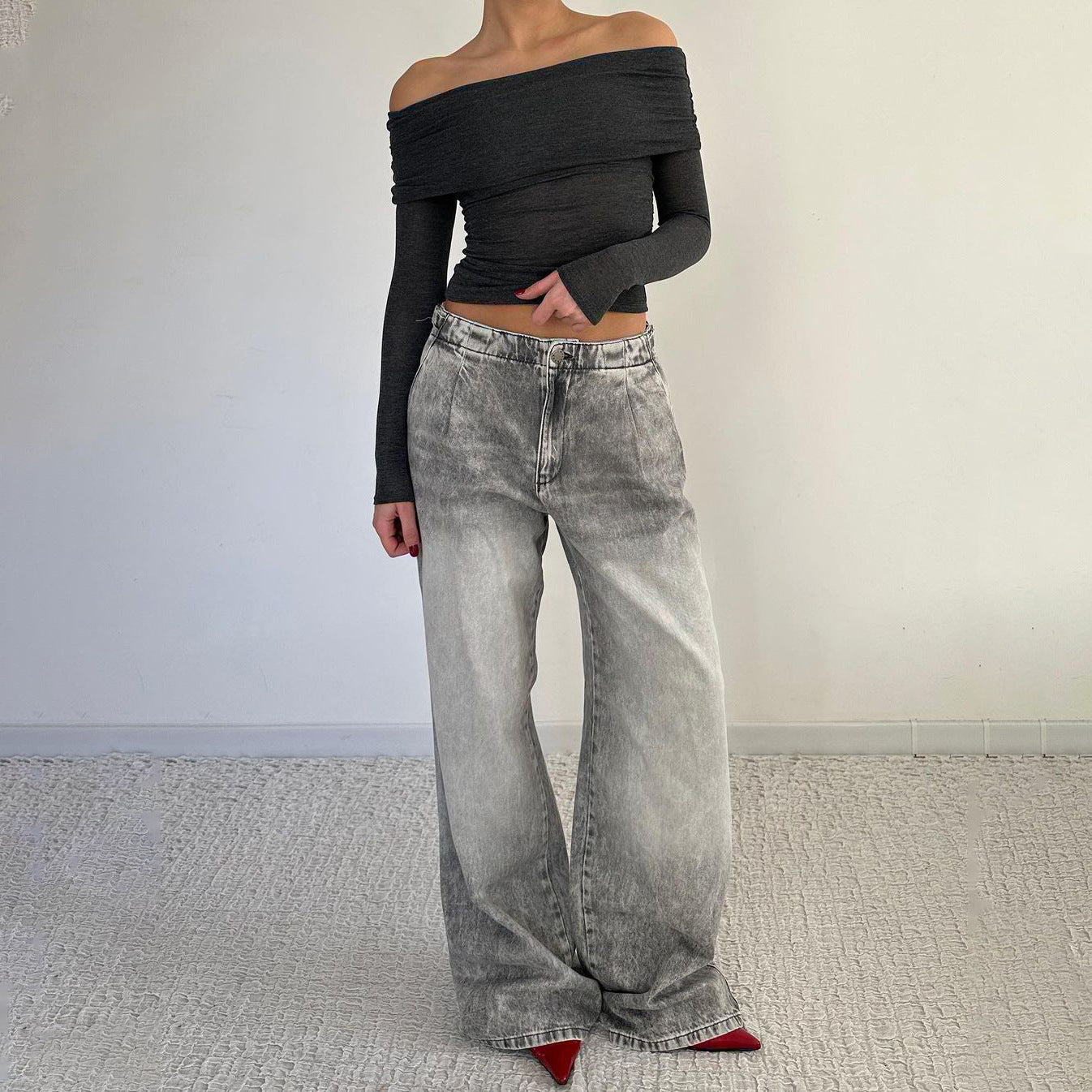 Distressed Vintage Washed Wide-Leg Jeans