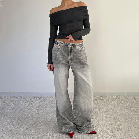 Distressed Vintage Washed Wide-Leg Jeans