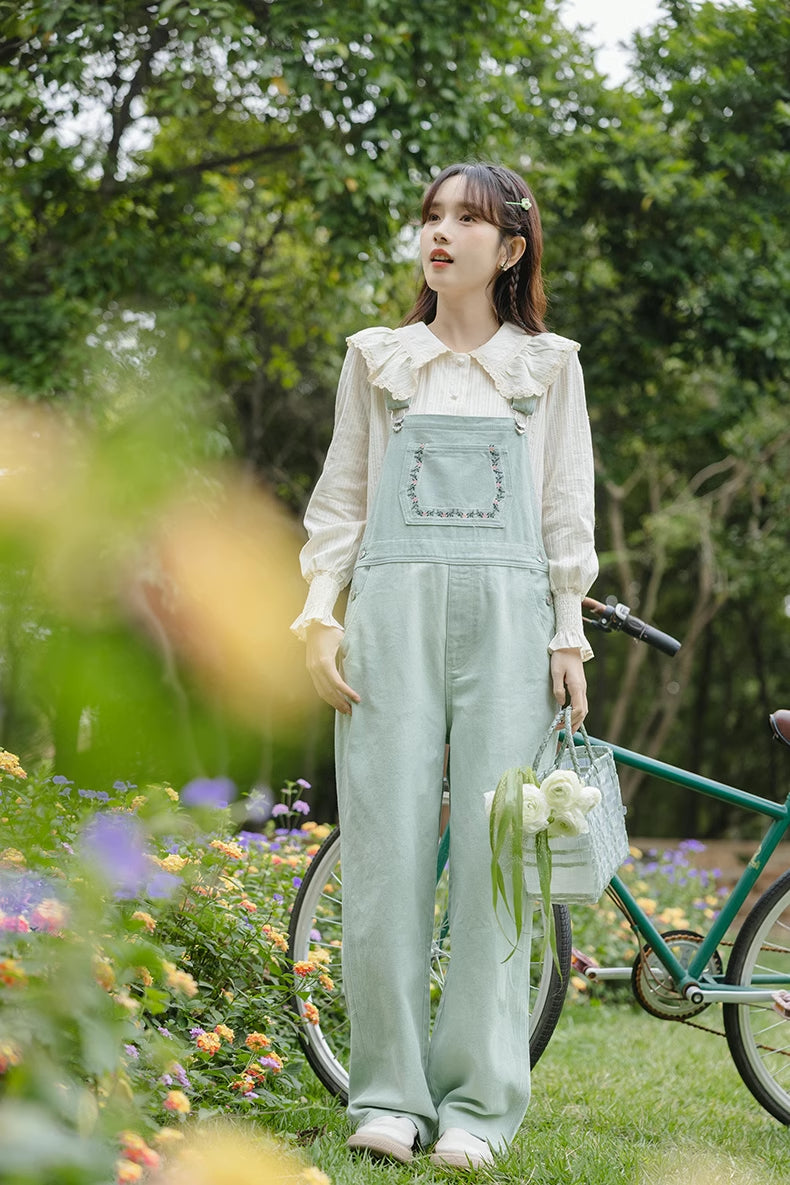 Flower Vines Embroidered Overalls