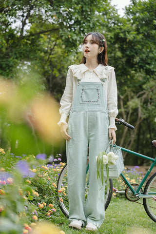 Flower Vines Embroidered Overalls