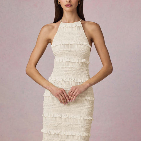 Ruffle Lace Backless Halter Neck Dress