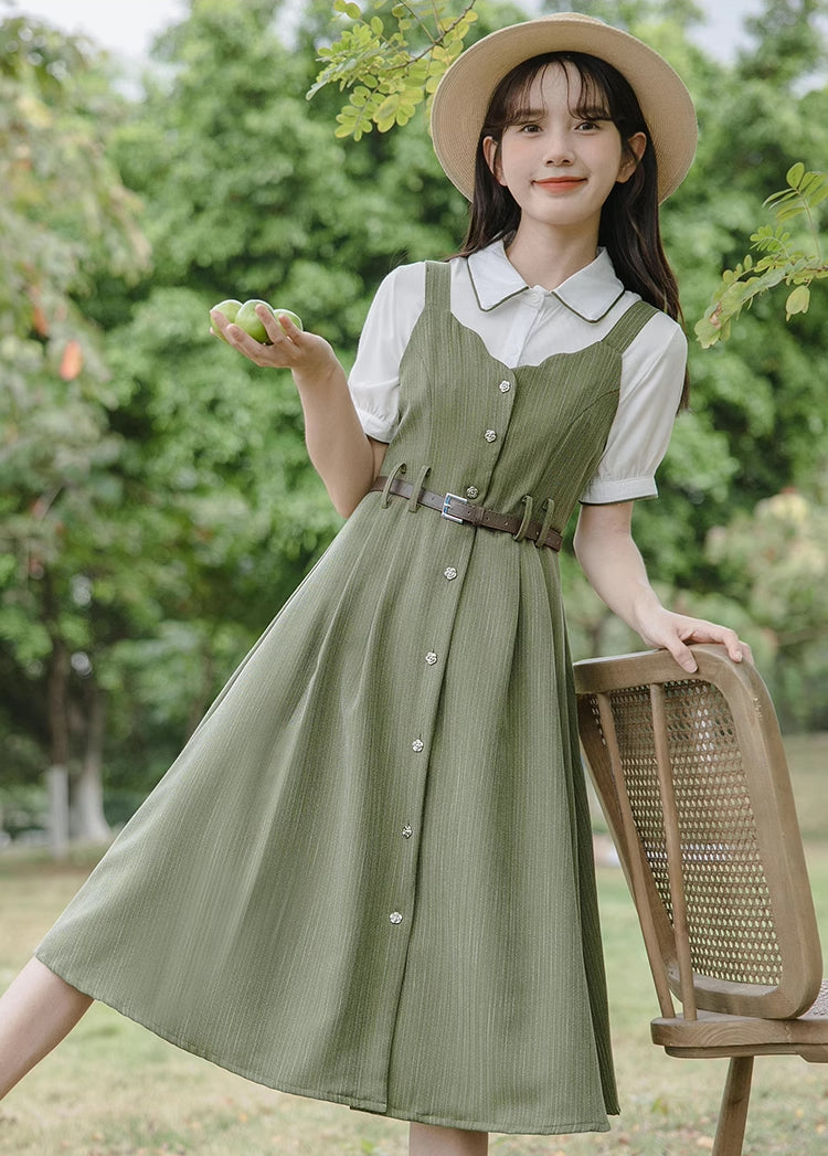 Vestido camisola festoneado con botones y raya diplomática